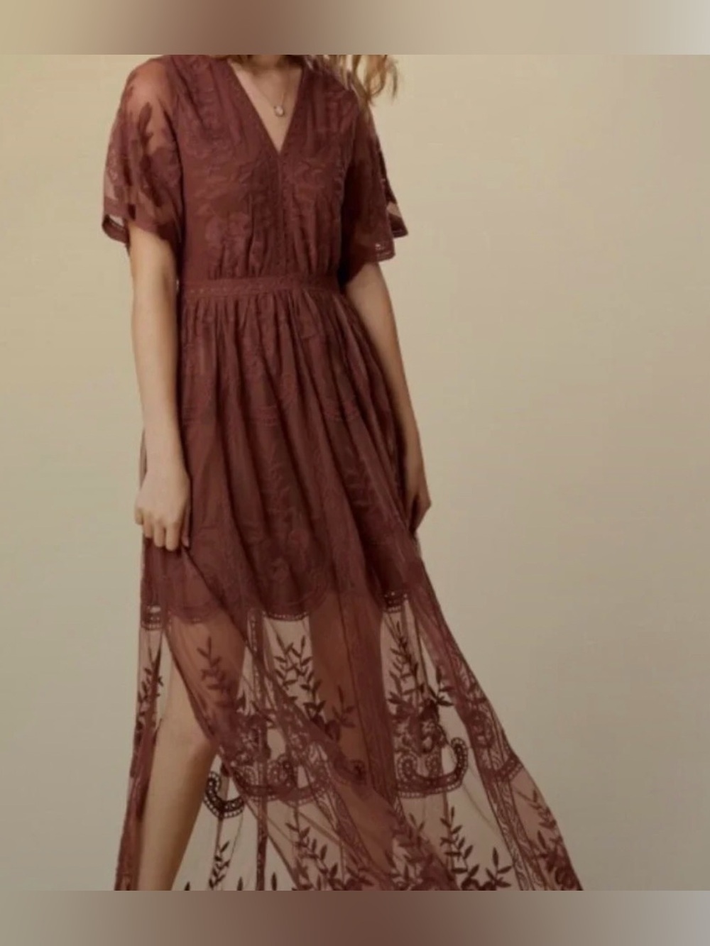 Altar'd State Sheer Embroidered Maxi Dress in Mauve, Like New